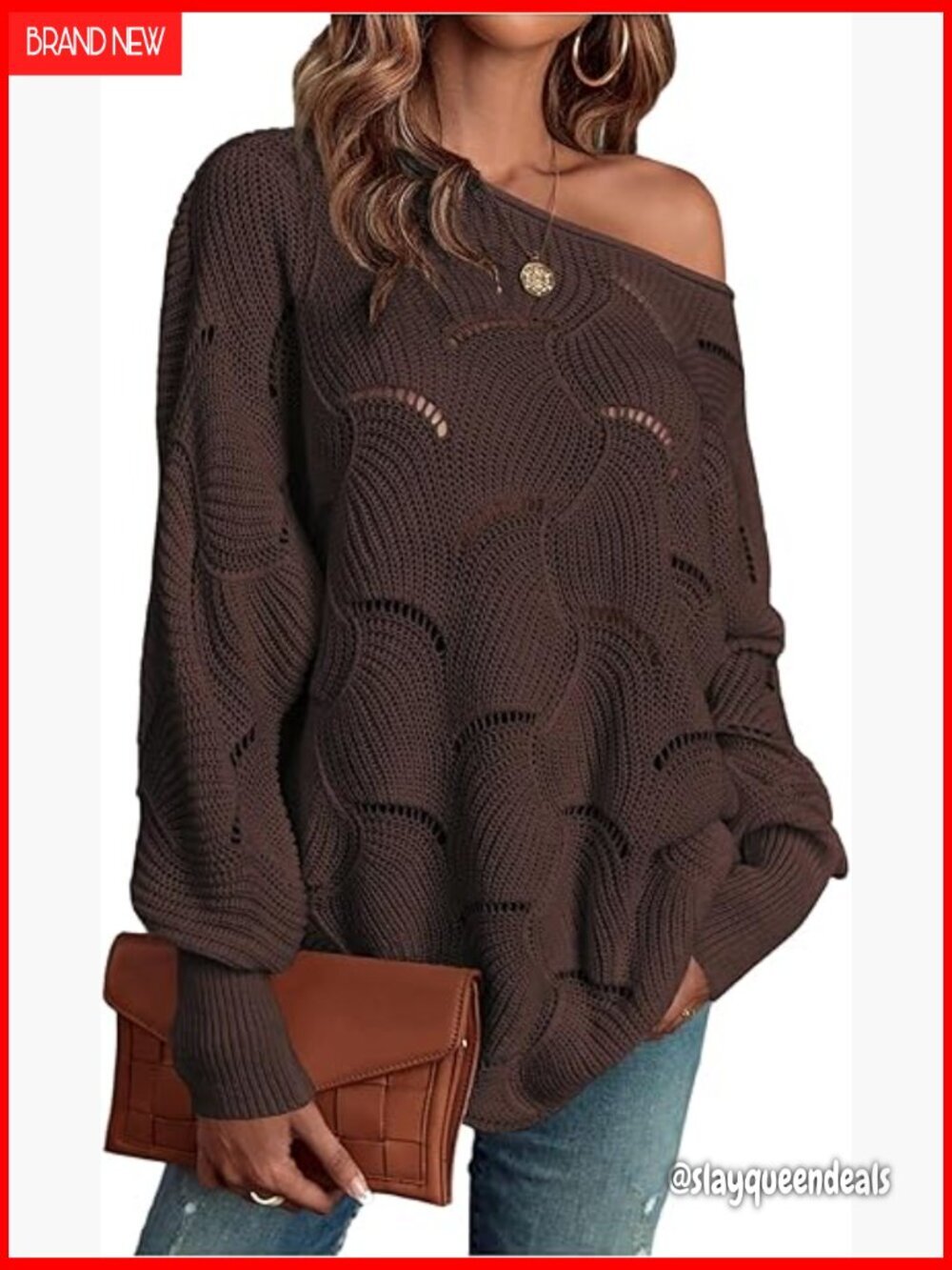 Oversized Hollow Out Sweater Long Sleeve Boat Neck Pullover Loose Fit